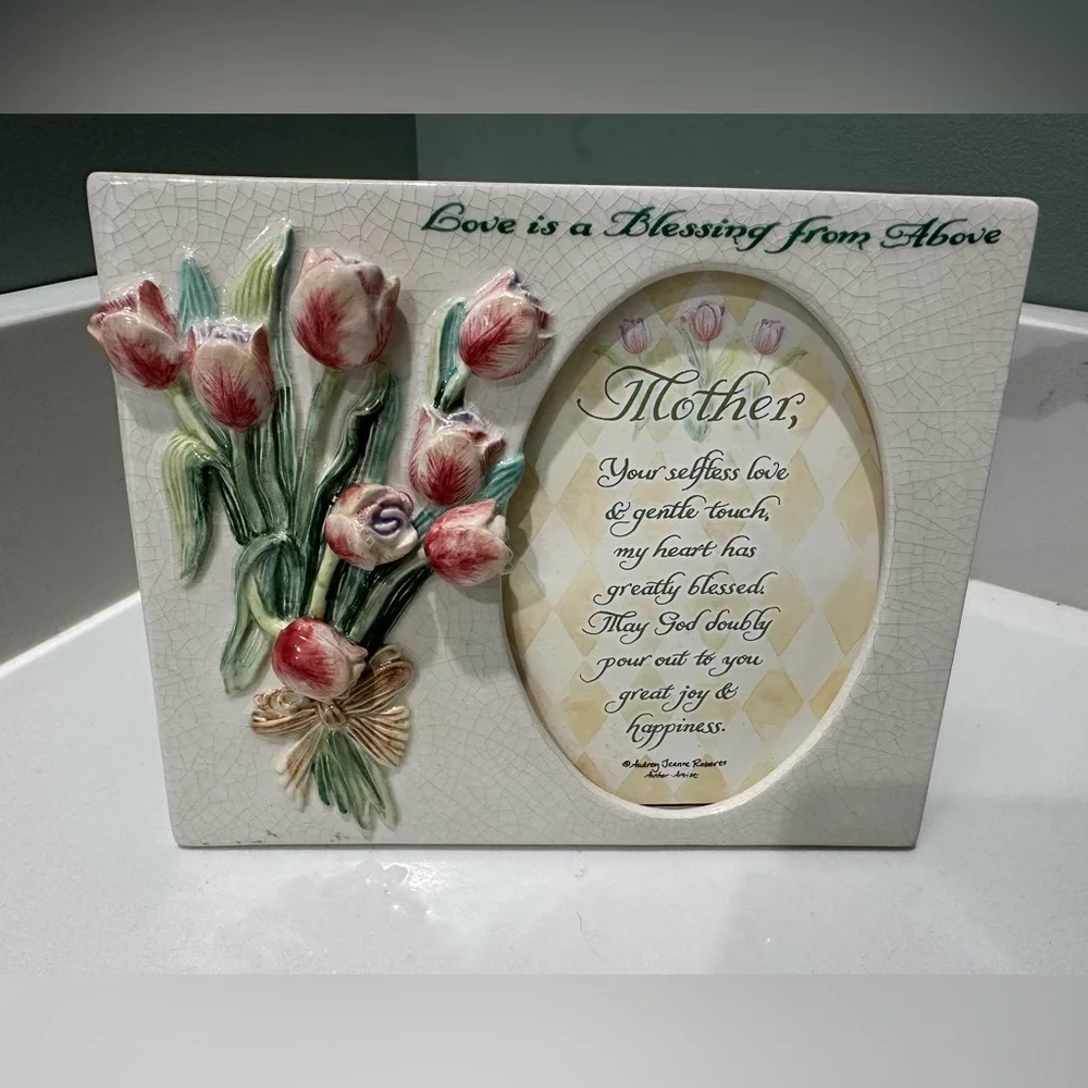 Vtg Ceramic Picture Frame Raised Tulip Design Mother Poem Audrey Jeanne Roberts